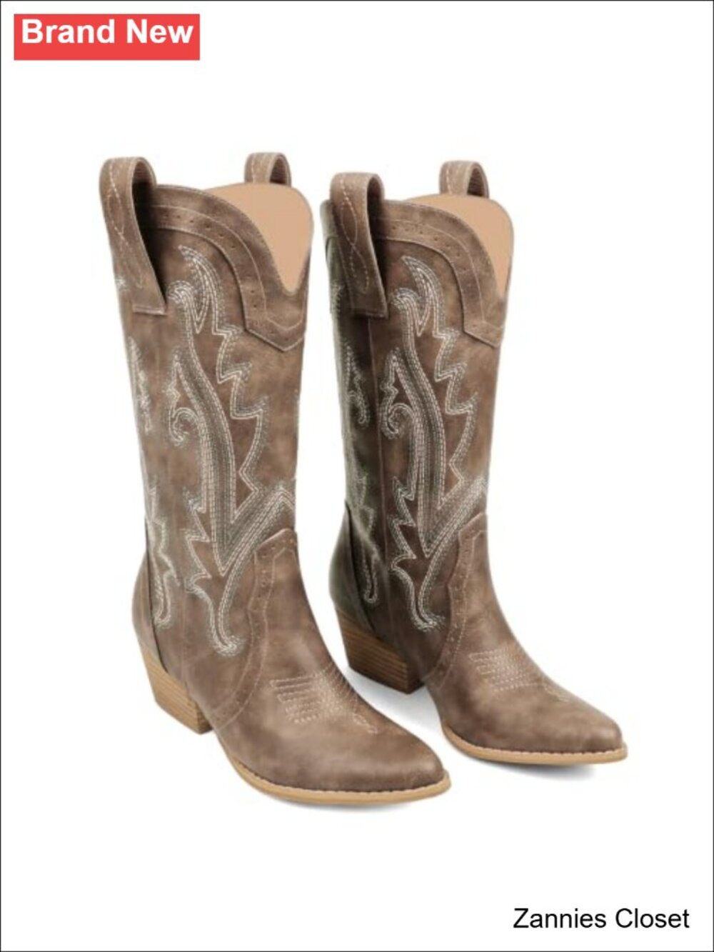 ๐ค Western Cowgirl Boots Mid Calf Faux Leather Pointed Toe Pull-On - Picture 1 of 6
